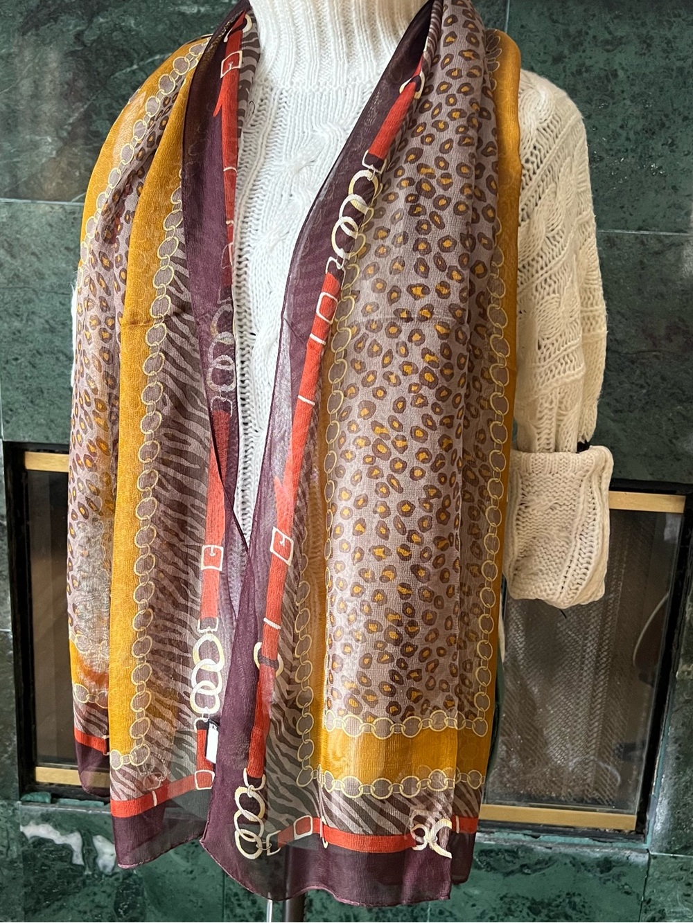 Vintage Silk Scarf Leopard & Chain Print Luxurious Drape Versatile Accessories